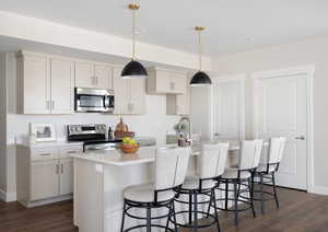 Kitchen featuring an island with sink, appliances with stainless steel finishes, dark hardwood / wood-style flooring, and hanging light fixtures