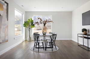 Dining room featuring a healthy amount of sunlight and dark hardwood / wood-style floors