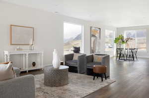 Living room with dark hardwood / wood-style flooring and a healthy amount of sunlight