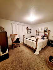 Carpeted bedroom featuring a textured ceiling