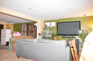 Living room featuring a textured ceiling and carpet