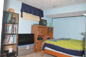 Bedroom featuring a textured ceiling and carpet floors