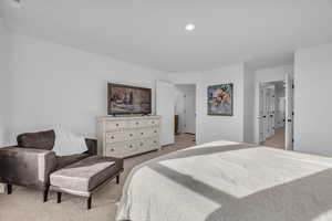 Bedroom with light colored carpet