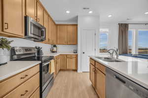 Kitchen with appliances with stainless steel finishes, light hardwood / wood-style floors, and sink