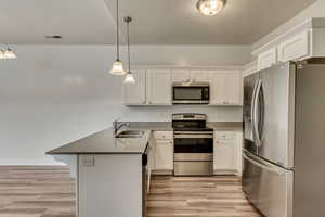 Kitchen featuring appliances with stainless steel finishes, white cabinets, and decorative light fixtures