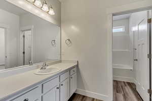 Bathroom featuring vanity and wood-type flooring