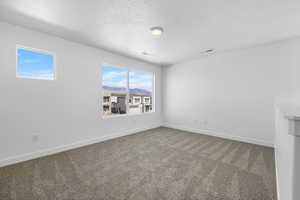 Carpeted spare room featuring a textured ceiling