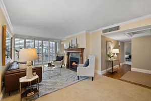 Living room with crown molding and carpet floors