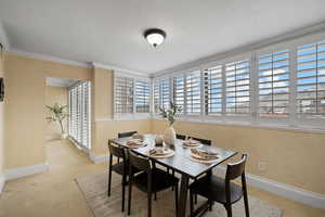 Dining space featuring crown molding, light colored carpet, and a textured ceiling