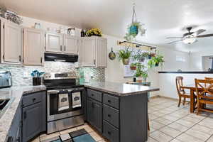 Kitchen featuring stainless steel range with electric cooktop, a textured ceiling, ceiling fan, kitchen peninsula, and gray cabinets