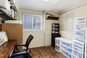 Home office featuring dark hardwood / wood-style flooring