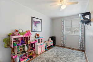 Rec room featuring ceiling fan, a textured ceiling, and wood-type flooring