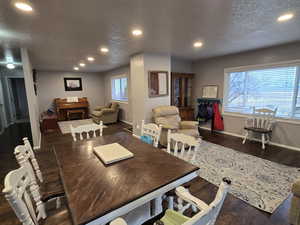 Dining space featuring dark hardwood / wood-style flooring, a fireplace, and a healthy amount of sunlight