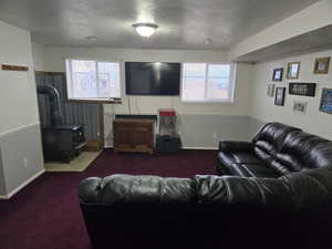 Living room featuring a textured ceiling, a wood stove, and dark carpet