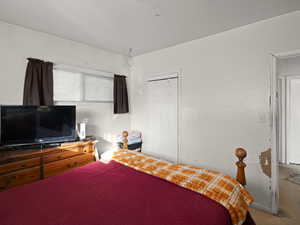 Carpeted bedroom featuring a closet