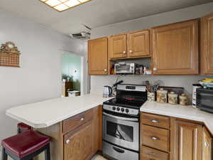 Kitchen with new stainless steel electric stove and newer dishwasher.