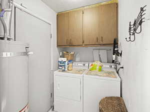 Laundry room area with back door access with pet door and a newer water heater.