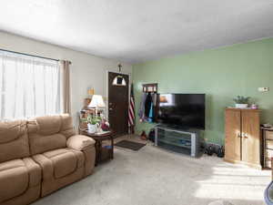 Carpeted living room with a textured ceiling