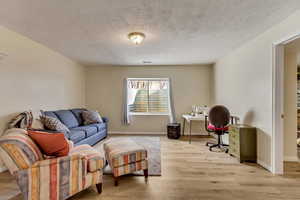 Family room/bedroom area with light wood-type flooring and a textured ceiling