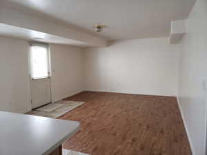 ADU family room featuring light hardwood / wood-style floors and a textured ceiling