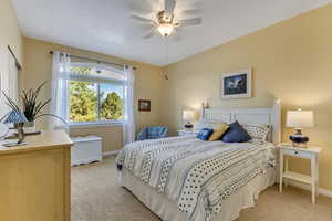 Bedroom with ceiling fan and light carpet