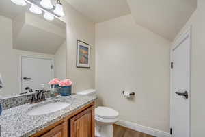 Bathroom featuring toilet, wood-type flooring, and vanity