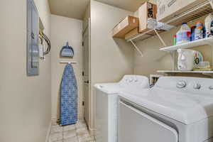 Laundry area with electric panel and washer and dryer