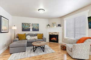 Living room featuring wood-type flooring and a fireplace