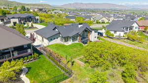 Aerial view of residential area with mountains