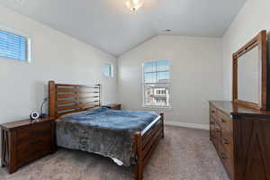 Carpeted bedroom with lofted ceiling