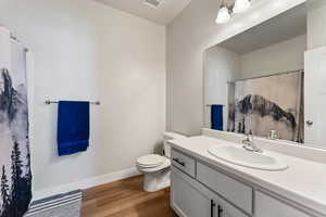 Bathroom with wood-type flooring, vanity, and toilet