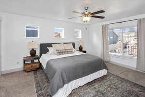 Carpeted bedroom with ceiling fan and multiple windows