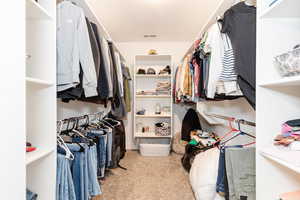 Walk in closet with light carpet