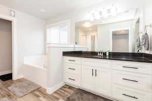 Bathroom featuring wood-type flooring, vanity, and plus walk in shower