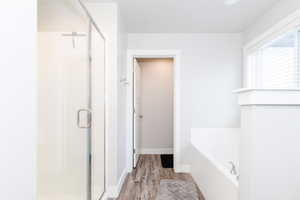 Bathroom with hardwood / wood-style floors and plus walk in shower