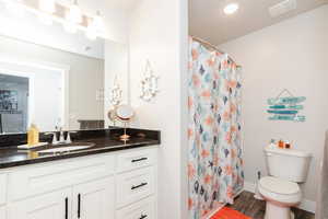 Bathroom with toilet, wood-type flooring, vanity, and a shower with shower curtain