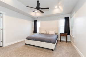 Bedroom featuring ceiling fan, carpet, multiple windows, and a tray ceiling