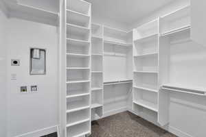 Spacious closet with dark colored carpet