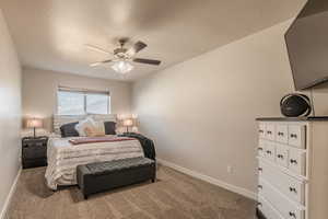 Master Bedroom with carpet floors and ceiling fan