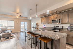 Kitchen featuring sink, stainless steel appliances, a center island with sink, and pendant lighting