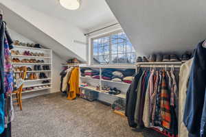 Spacious closet with carpet flooring and lofted ceiling