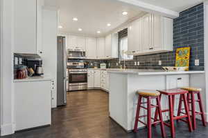 Kitchen with backsplash, stainless steel appliances, white cabinetry, and a breakfast bar area