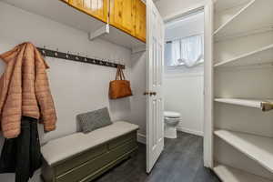 Interior space featuring hardwood / wood-style floors and toilet