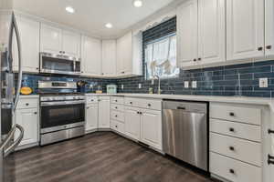 Kitchen with white cabinets, dark hardwood / wood-style flooring, stainless steel appliances, and sink