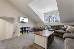 Living room featuring a textured ceiling, dark carpet, and lofted ceiling