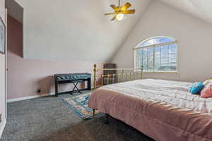 Bedroom featuring carpet flooring, ceiling fan, and lofted ceiling