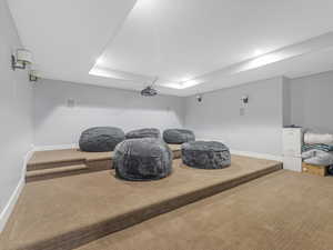 Sitting room featuring carpet and a tray ceiling