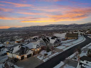 Aerial view at dusk with a mountain view