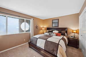 Carpeted bedroom featuring a closet