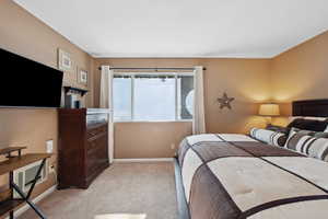 Bedroom with light colored carpet